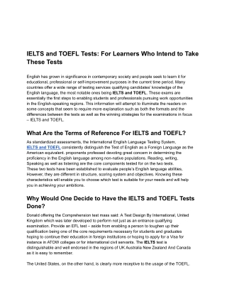 IELTS and TOEFL Tests: For Learners Who Intend to Take These Tests