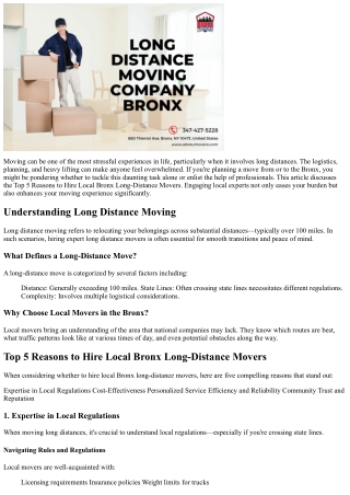 “Top 5 Reasons to Hire Local Bronx Long-Distance Movers”