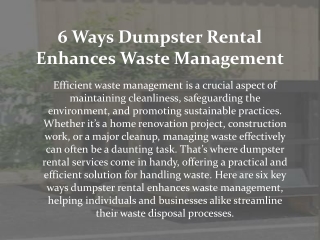 6 Ways Dumpster Rental Enhances Waste Management