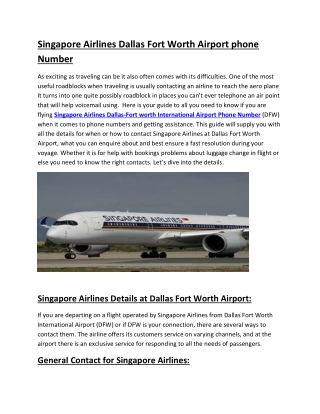 Singapore Airlines Dallas Fort Worth Airport phone Number