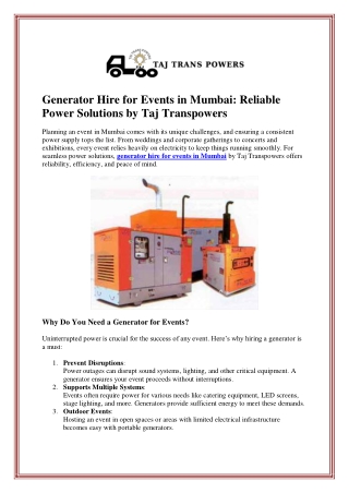 Generator Hire for Events in Mumbai: Reliable Power Solutions by Taj Transpowers