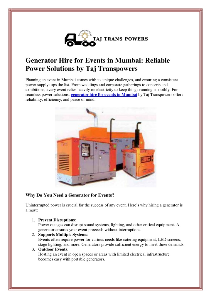 generator hire for events in mumbai reliable