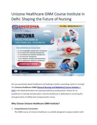 Unizona Healthcare GNM Course Institute in Delhi- Shaping the Future of Nursing