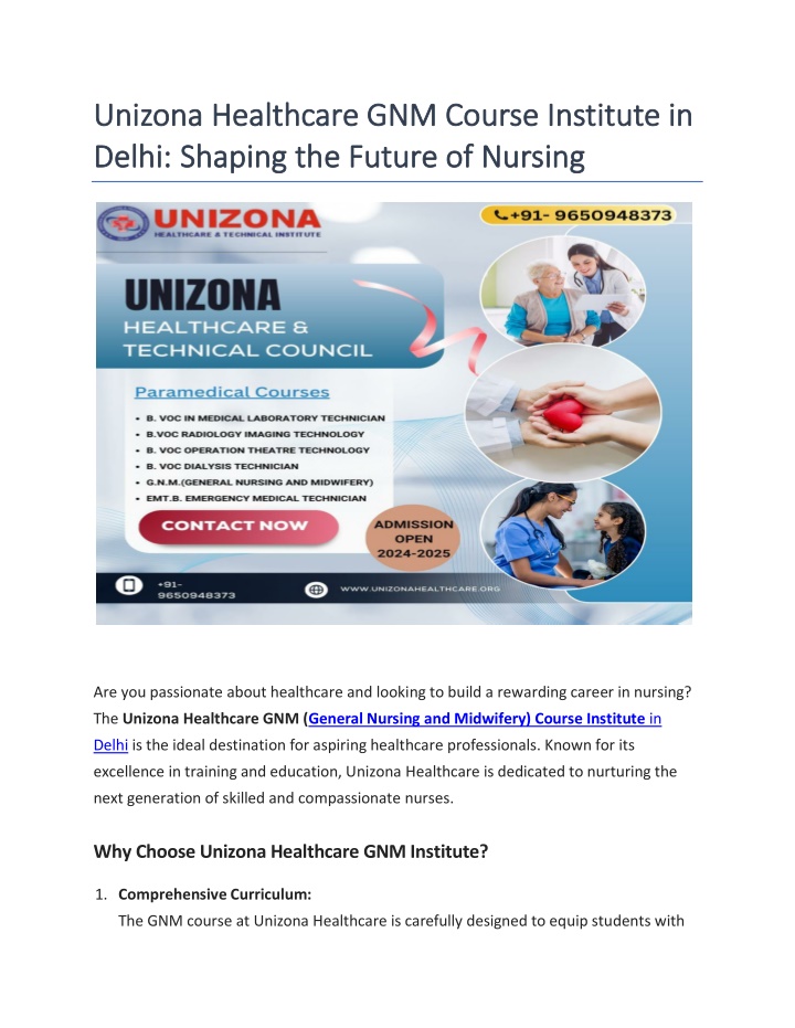 unizona healthcare gnm course institute