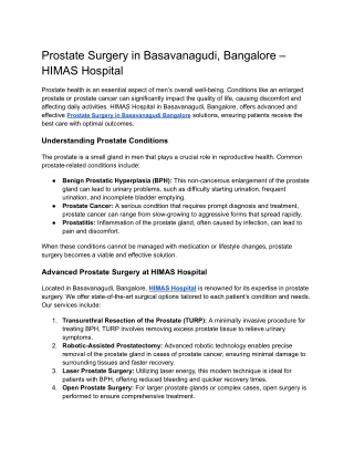 Prostate Surgery in Basavanagudi, Bangalore – HIMAS Hospital