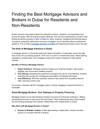 Finding the Best Mortgage Advisors and Brokers in Dubai for Residents and Non-Re
