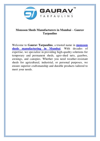 Monsoon Sheds Manufacturers in Mumbai – Gaurav Tarpaulins