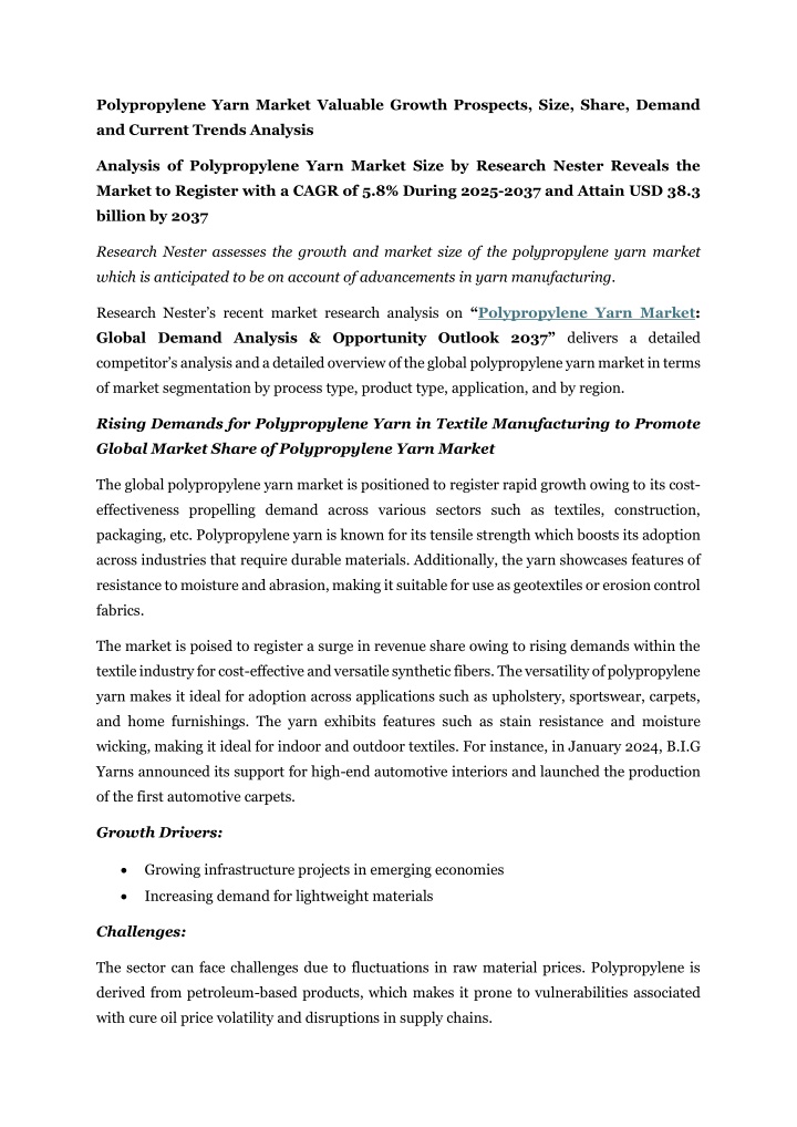 polypropylene yarn market valuable growth