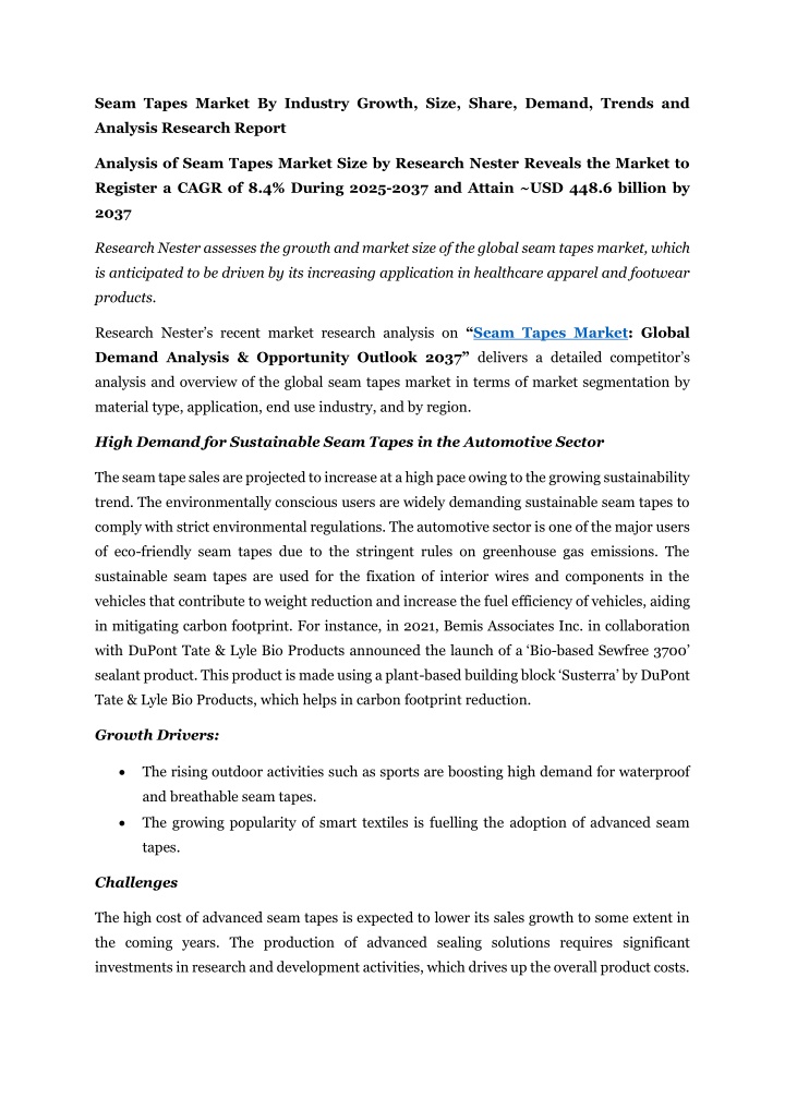 seam tapes market by industry growth size share