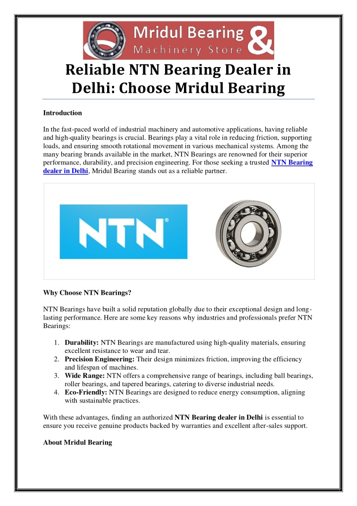 reliable ntn bearing dealer in delhi choose