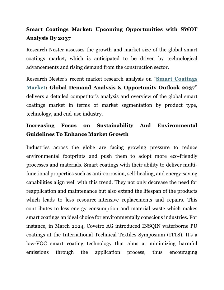 smart coatings market upcoming opportunities with