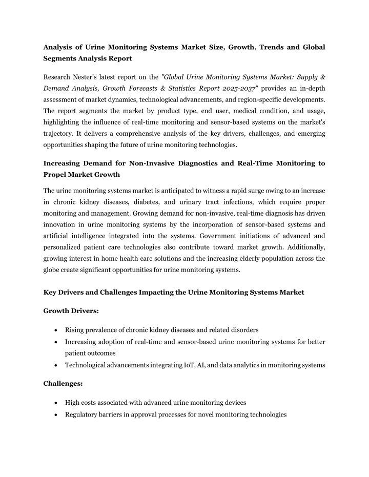 analysis of urine monitoring systems market size