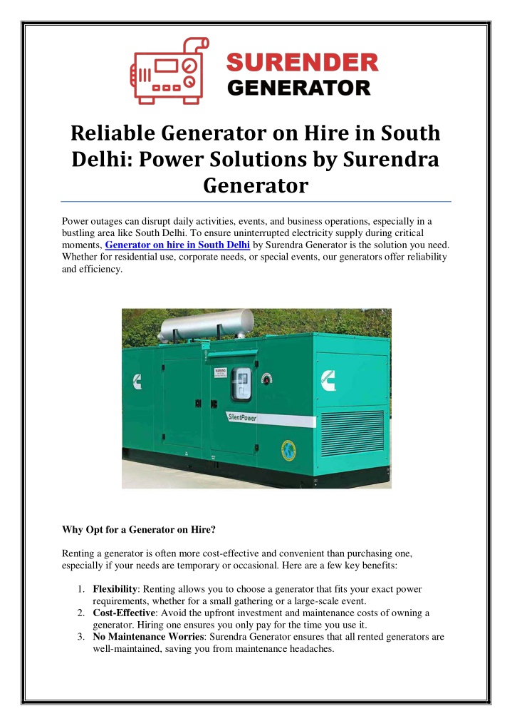 reliable generator on hire in south delhi power