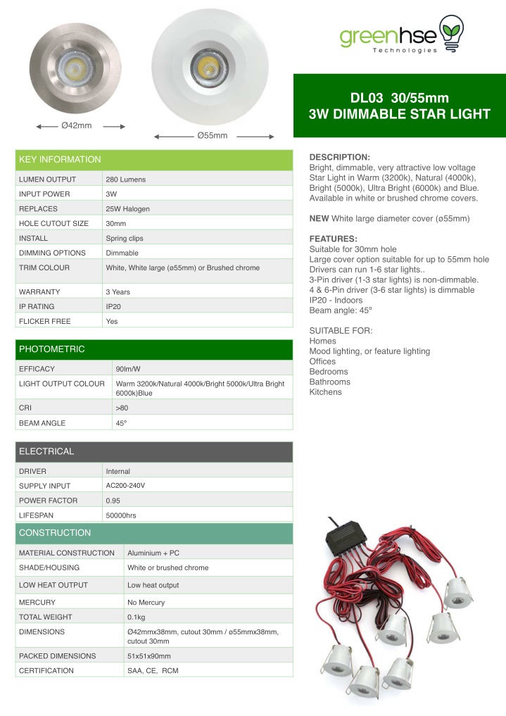 dl03 30 55mm 3w dimmable star light