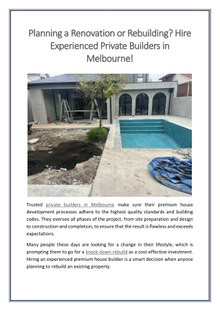 Planning a Renovation or Rebuilding Hire Experienced Private Builders in Melbourne