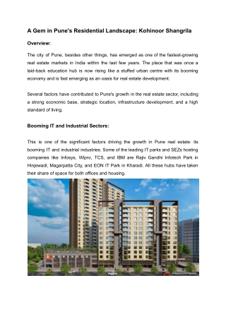 A Jewel in Pune’s Housing Haven Kohinoor Shangrila