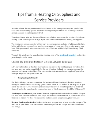 Tips from a Heating Oil Suppliers and Service Providers