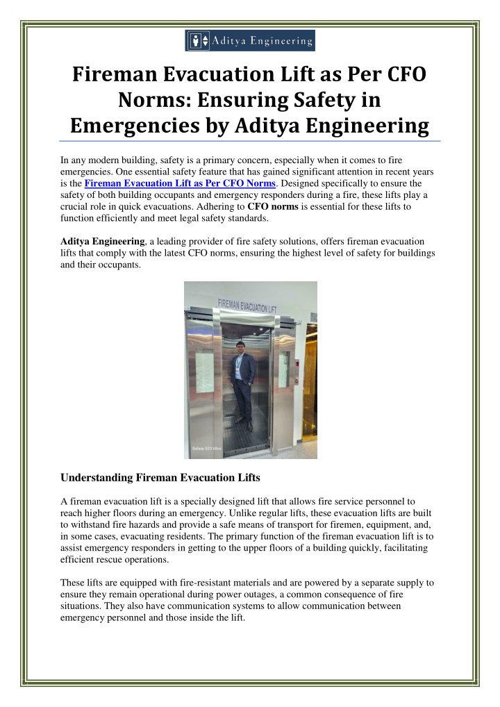 fireman evacuation lift as per cfo norms ensuring