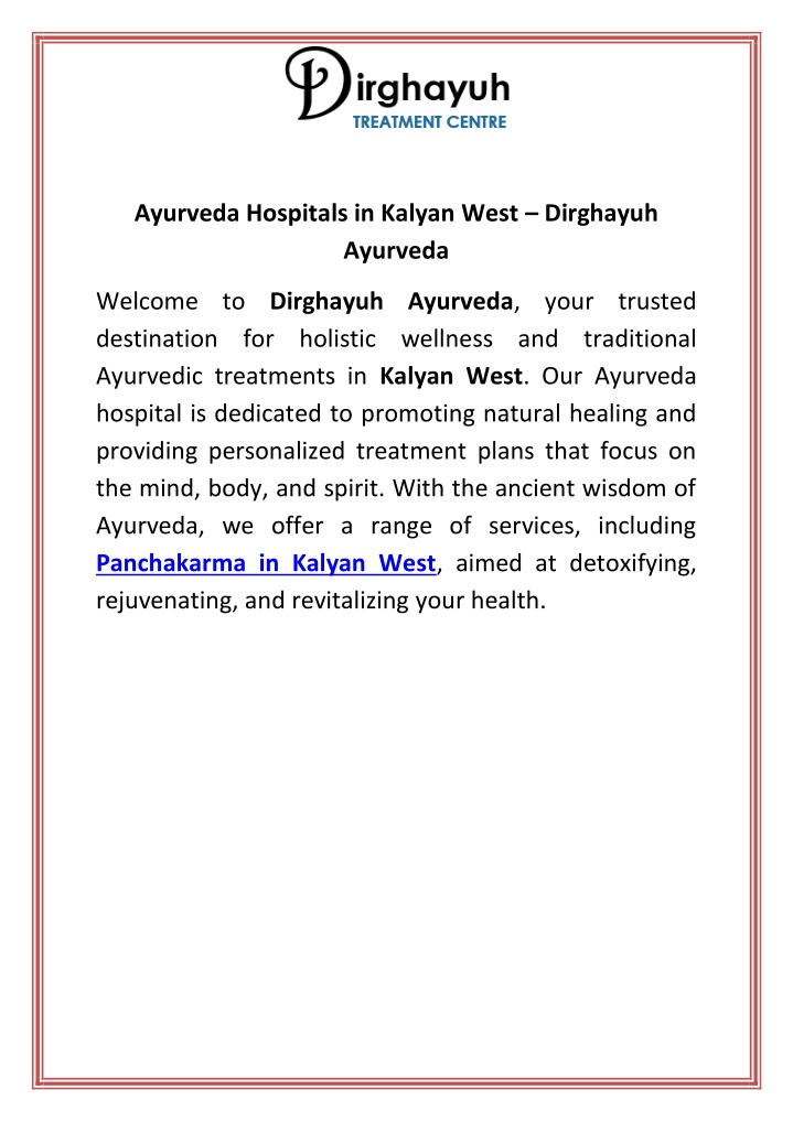 ayurveda hospitals in kalyan west dirghayuh