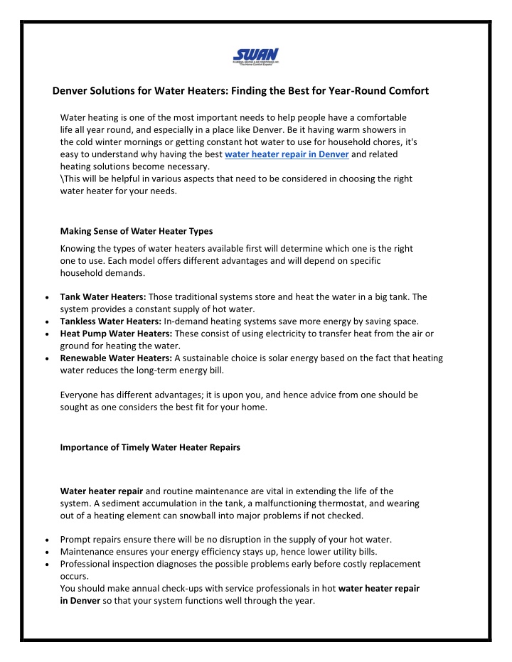 denver solutions for water heaters finding