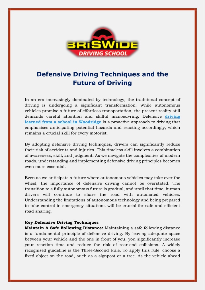 defensive driving techniques and the future