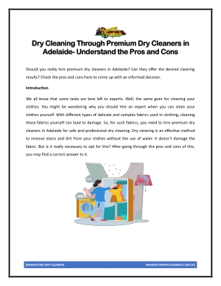 Dry Cleaning Through Premium Dry Cleaners in Adelaide- Understand the Pros and Cons