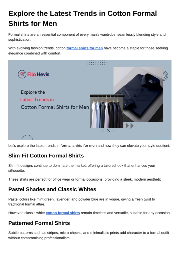 explore the latest trends in cotton formal shirts