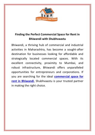 Finding the Perfect Commercial Space for Rent in Bhiwandi with Shubhvaastu