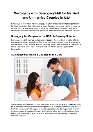 Surrogacy with Surrogacy4All for Married and Unmarried Couples in USA