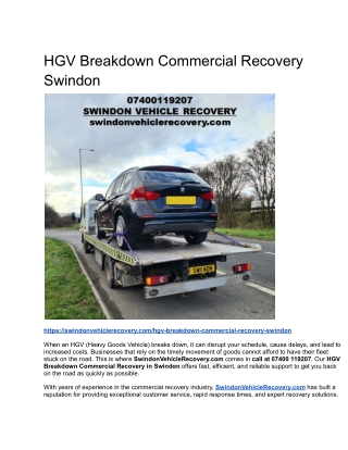 HGV Breakdown Commercial Recovery Swindon