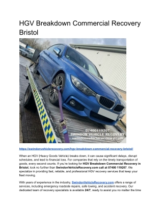 HGV Breakdown Commercial Recovery Bristol