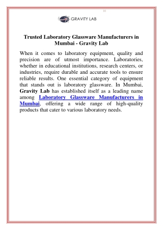 Trusted Laboratory Glassware Manufacturers in Mumbai - Gravity Lab