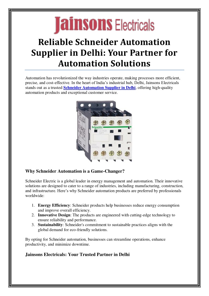 reliable schneider automation supplier in delhi