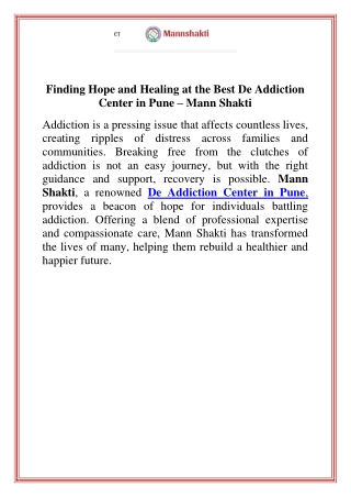 Finding Hope and Healing at the Best De Addiction Center in Pune – Mann Shakti