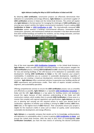 Agile Advisors Leading the Way to LEED Certification in Dubai and UAE