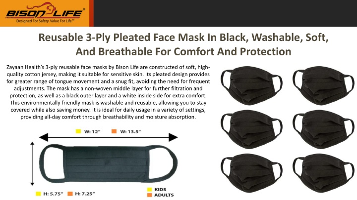 reusable 3 ply pleated face mask in black