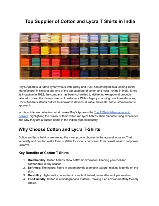 Top Supplier of Cotton and Lycra T Shirts in India
