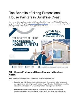 Top Benefits of Hiring Professional House Painters in Sunshine Coast