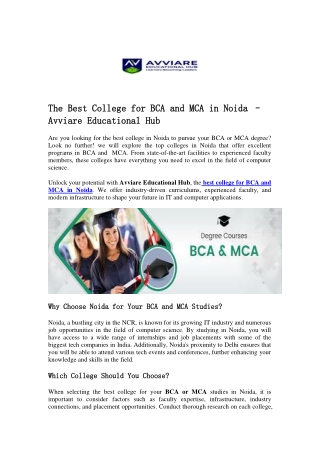 The Best College for BCA and MCA in Noida – Avviare Educational Hub