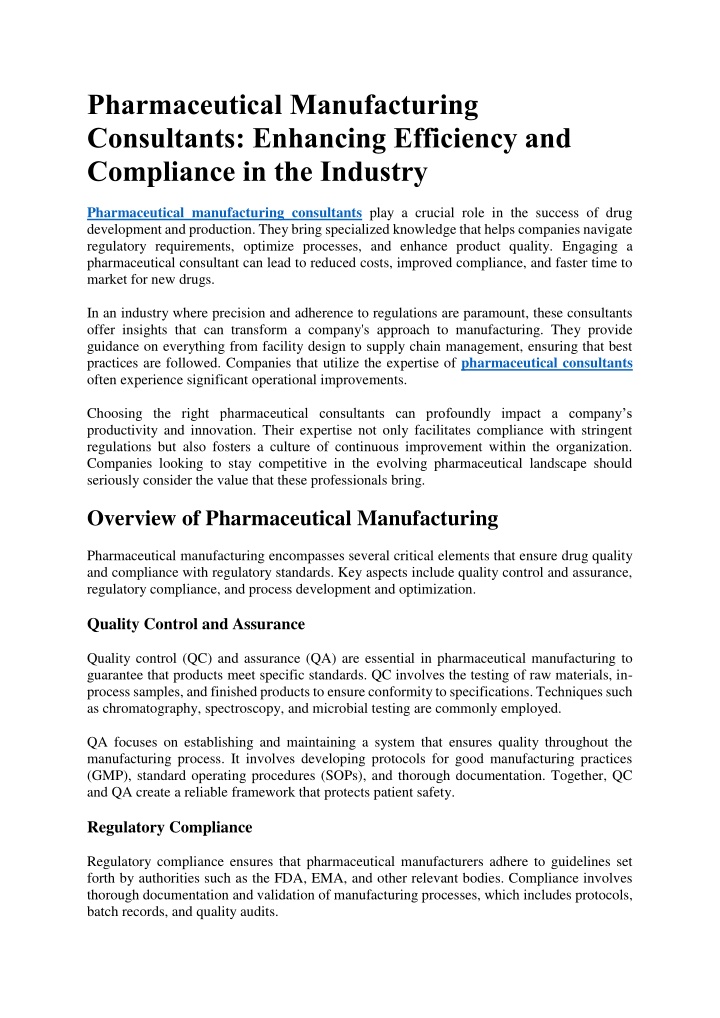 pharmaceutical manufacturing consultants