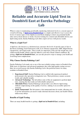 Affordable Lipid Test in Dombivli East for Heart Health