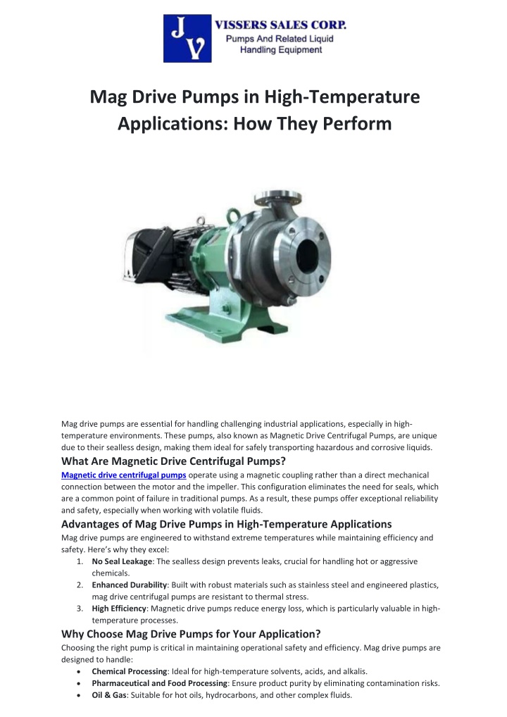 mag drive pumps in high temperature applications