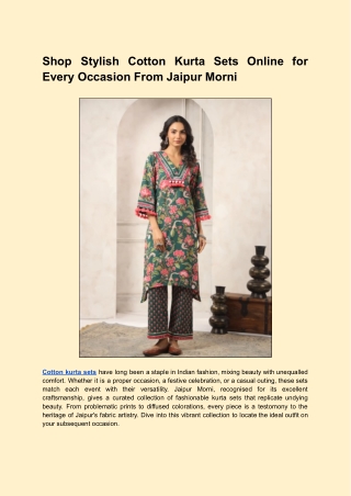 Shop Stylish Cotton Kurta Sets Online for Every Occasion From Jaipur Morni