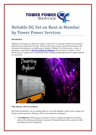 Reliable DG Set on Rent in Mumbai by Tower Power Services