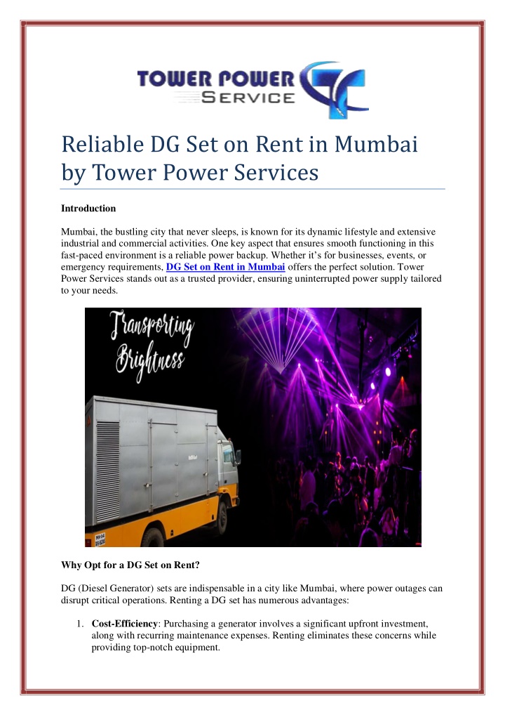 reliable dg set on rent in mumbai by tower power