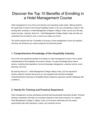Discover the Top 10 Benefits of Enrolling in a Hotel Management Course