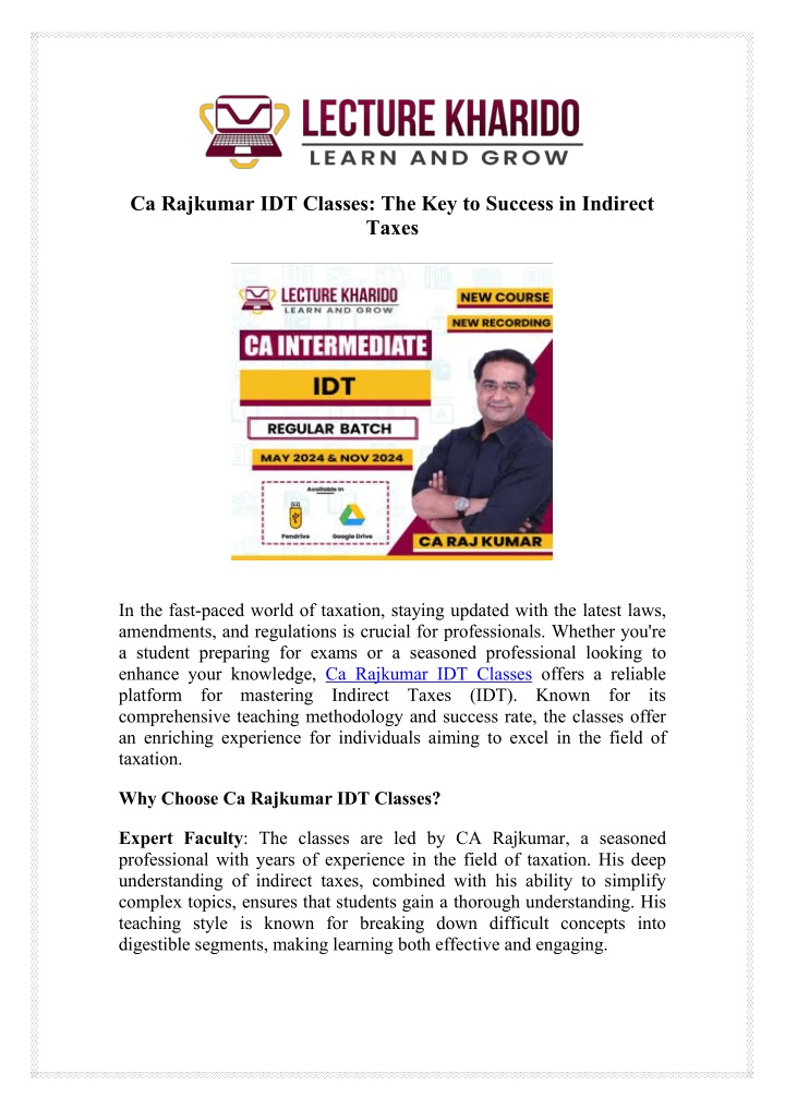 ca rajkumar idt classes the key to success