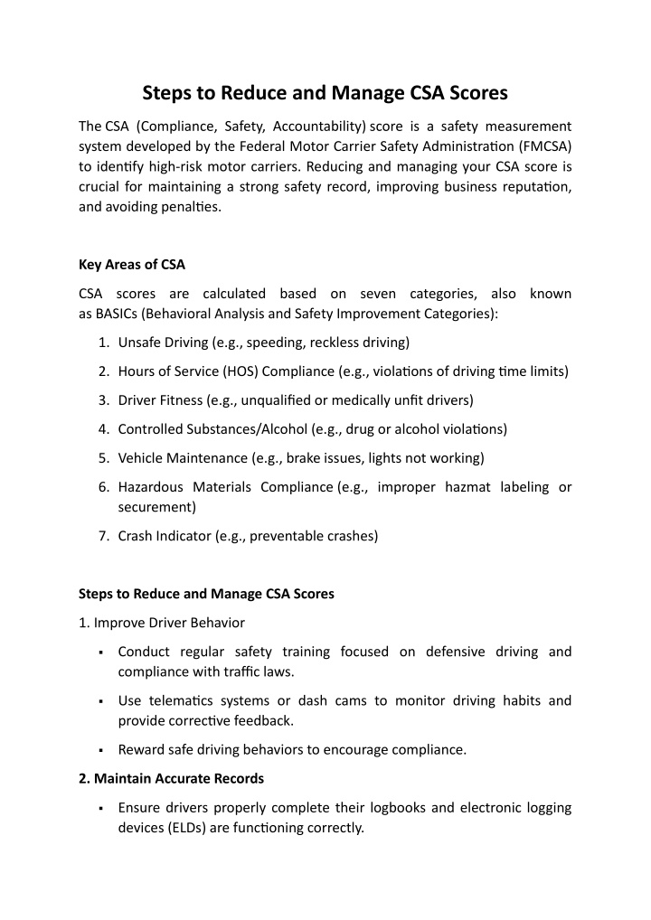 steps to reduce and manage csa scores