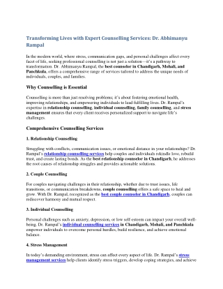 Transforming Lives with Expert Counseling Services Dr Abhimanyu Rampal