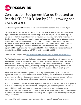 Construction Equipment Market is projected to reach USD 314 billion by 2031